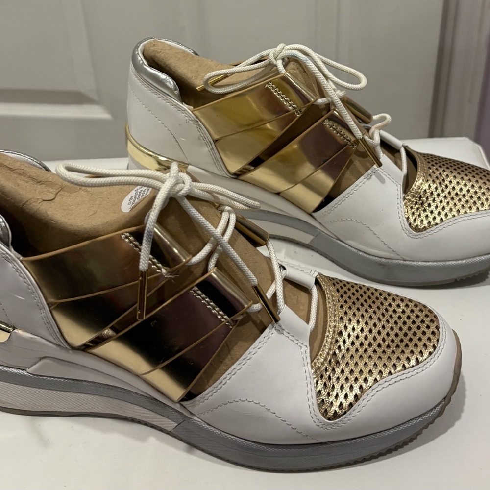 Michael Kors White and Gold Mesh Sneakers - Picture 2 of 6